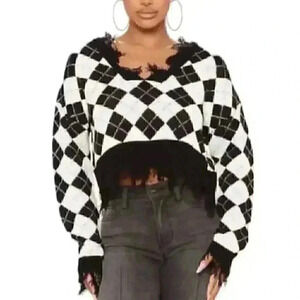 Just Polly New York Knit Argyle Cropped Fringe Sweater Women's Juniors Medium